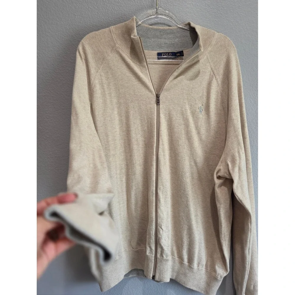 Polo Ralph Lauren Full Zip Cardigan Mens XXL Tan Excellent Cotton Raglan Ribbed